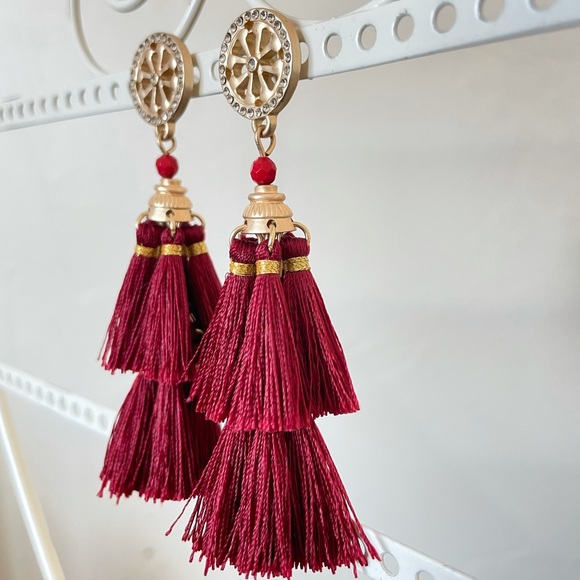 Red & Gold Tone Tassel Tiered Earrings - Picture 3 of 4